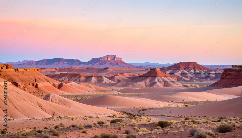 Fototapeta premium Beautiful desert landscape at sunset featuring dunes and a colorful sky with copy space for text