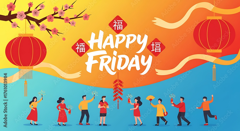 Fototapeta premium Celebrating happy friday with traditional chinese new year decorations and festive activities with friends and family in a vibrant and colorful illustration