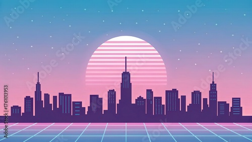 Minimal 80s Vaporwave Skyline with Neon Outlines and Retro Gradient Sky, Vector Illustration