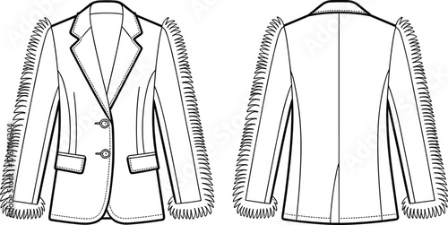 Tailored blazer fashion flat, notched lapel, fringe sleeve detail, flap pockets, front and back view garment construction sketch illustration