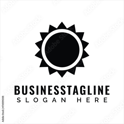 Black sun emblem with text logo white