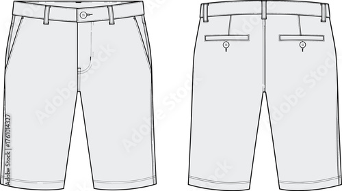Tailored knee-length shorts, fashion flat sketch, technical garment drawing, apparel design, vector template, clothing illustration, front and back view