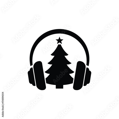 Black silhouette of headphones and Christmas tree vector