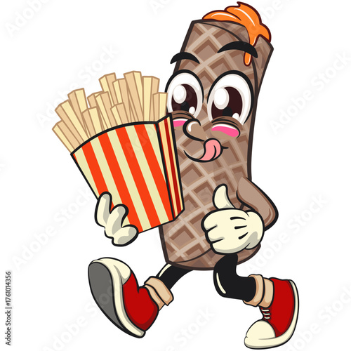 funny cute wafer stick biscuit mascot character brought a box of french fries, cartoon vector illustration for dessert and bakery design, work of hand drawn