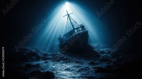 Sunken Fishing Vessel Resting on the Ocean Seabed