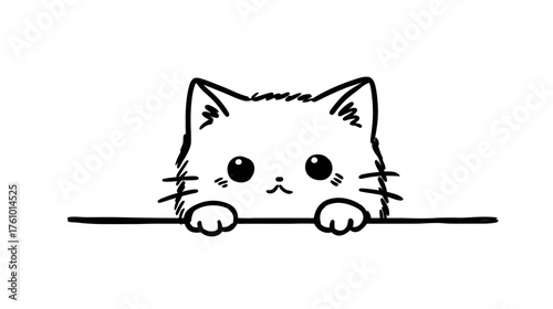 A simple, cute line art drawing of a kitten's head and front paws peeking over a horizontal line.