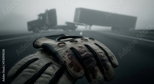 Worn leather driving gloves beside a jackknifed semi truck on a foggy highway