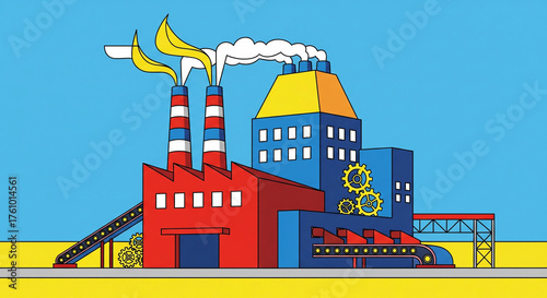 Primitive pop art industrial plant with colorful chimneys and gears in vibrant surroundings