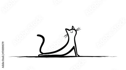 A stick-figure style cat in a classic "cow" yoga pose, with its back arched and head up.