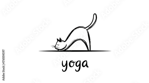 A stick-figure style cat in a classic "cow" yoga pose, with its back arched and head up.