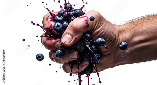 Crushing fresh blueberries with bare hands, creating colorful juice splashes in a vibrant kitchen setting
