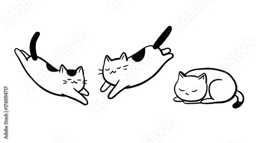 A set of three simple stick-figure cats in different playful poses: stretching, pouncing, and curled up.