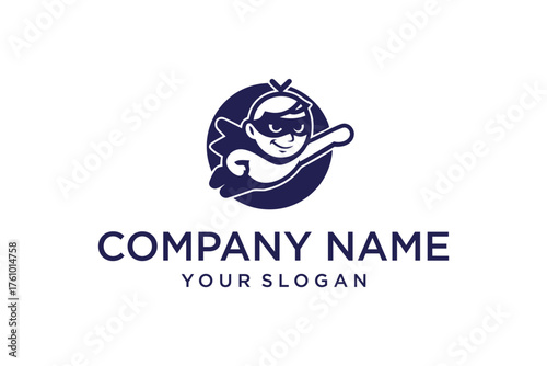Stylized Superhero Boy Flying in Circle Logo Design Vector Illustration