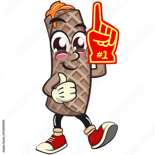 funny cute wafer stick biscuit mascot raise foam finger, character cartoon vector illustration for dessert and bakery design, work of hand drawn
