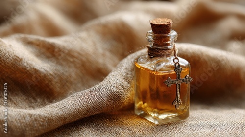 Small glass bottle with golden oil and metal cross charm on soft linen fabric symbolizing anointing blessing and sacred christian ritual in warm light
