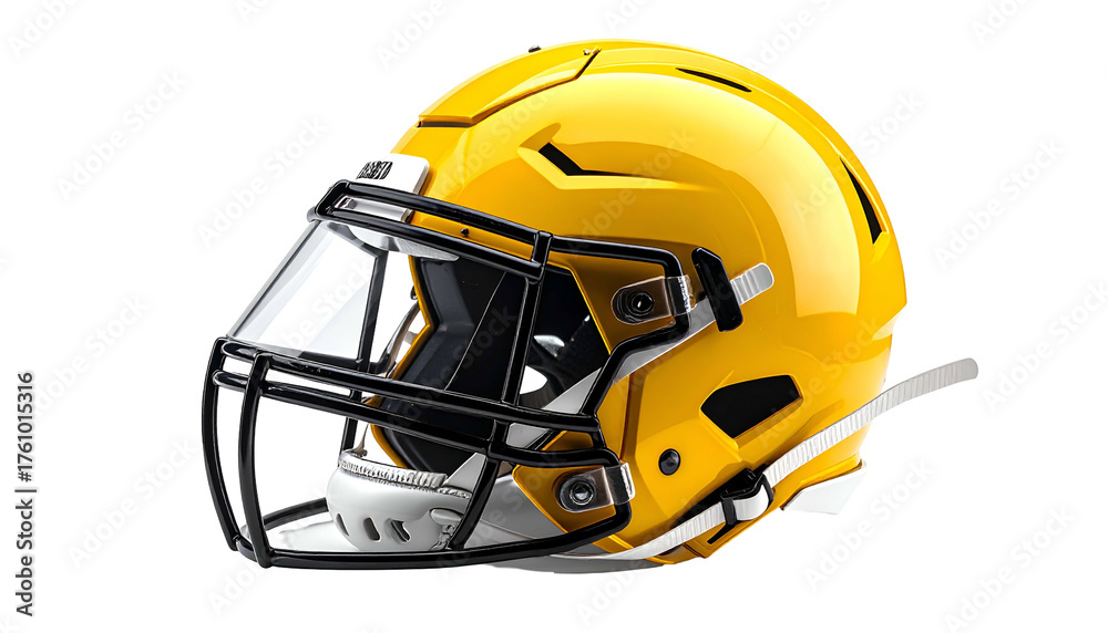 Naklejka premium A glossy, golden American football helmet with a black facemask and visor, isolated on black