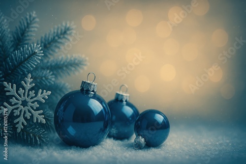 Dark blue ornaments on snowy wood background, festive night tone