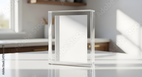 Clear Acrylic Frame with Blank White Insert Displaying on a Light Countertop in a Sunlit Room with Soft Shadows and Blurred Kitchen Background