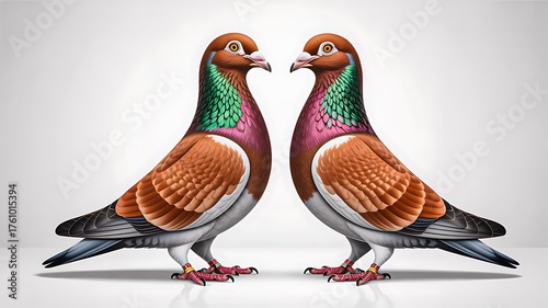 Two colorful pigeons facing each other on white background representing love peace and unity concept
