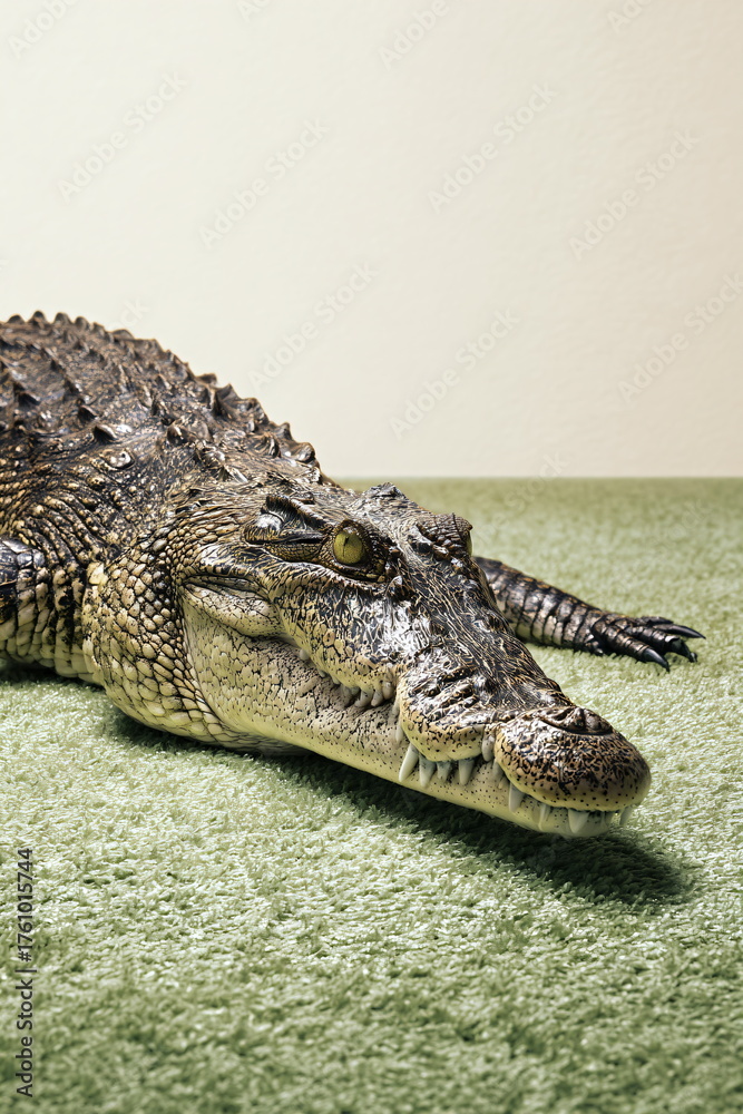 Obraz premium Crocodile Lying on Green Carpet in White Studio with Textured Skin and Diamonds