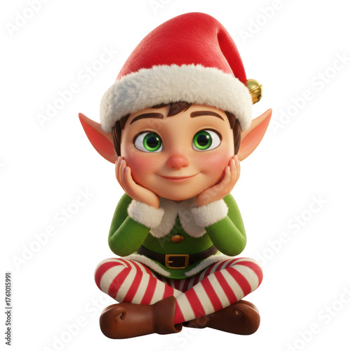 Adorable Christmas elf with rosy cheeks and a festive red Santa hat, seated, perfect for holiday greetings and seasonal promotions