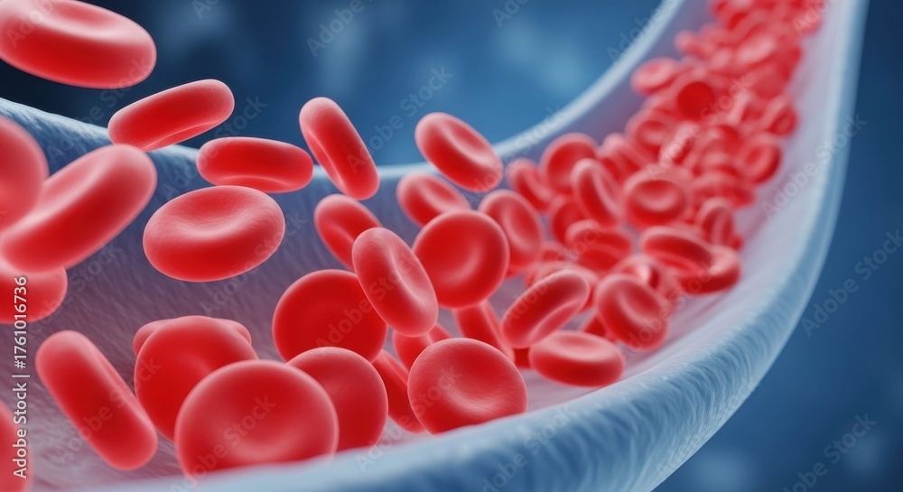 Fototapeta premium Red blood cells floating through a vein, microscopic view of human bloodstream, circulatory system, 3D render of erythrocytes