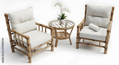 Elegant Bamboo Armchairs and Side Table Arrangement with White Cushions and Orchid Plant