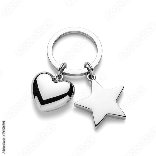 A sleek silver keyring featuring a heart-shaped charm and a star-shaped charm, presented against a clean background.