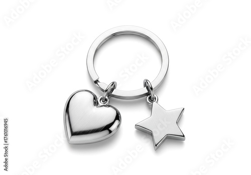 A sleek silver keyring featuring a heart-shaped charm and a star-shaped charm, presented against a clean background.