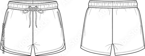 Athletic shorts fashion sketch, technical drawing of sportswear with elastic waistband, zipper pockets, curved hem, front and back garment illustration
