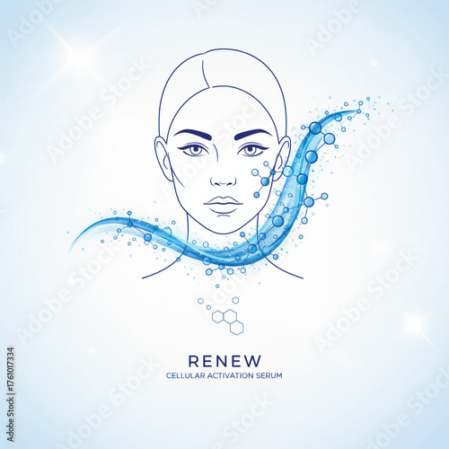 Minimalist face outline with molecular wave symbolizing skin rejuvenation and hydration. Concept of serum, beauty, and cellular renewal. Vector illustration