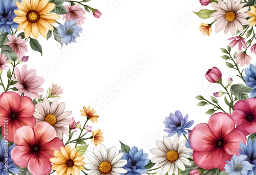 Colorful floral arrangement framing a blank space for creative projects or spring themes