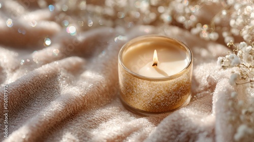 Golden glitter candle on soft beige fabric surrounded by gentle light and flowers creating luxurious warm atmosphere ideal for spa decor and holiday still life photography