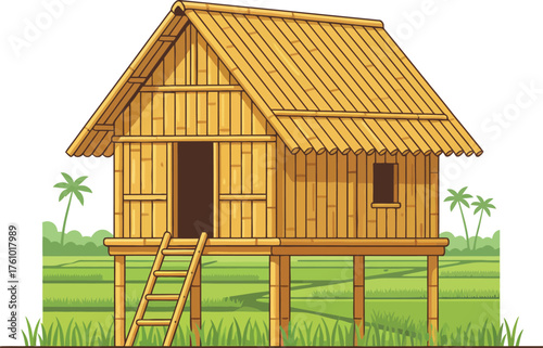 Traditional bamboo stilt house in a tropical rural landscape. A classic Bahay Kubo, or nipa hut, from the Philippines, standing in a lush green rice paddy field.