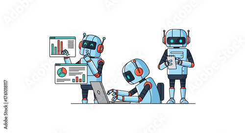 ai data analysis robots analyzing data processing information on laptops and taking notes illustrating machine learning and automation