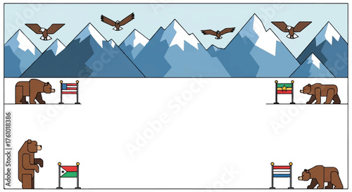 Illustration of bears and eagles with national flags in a snowy mountain landscape.