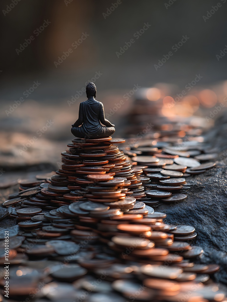 Obraz premium Buddha statue meditating on a pile of coins symbolizing balance between wealth and mindfulness, and spiritual balance in life, A serene Buddha statue meditating on stacked coins
