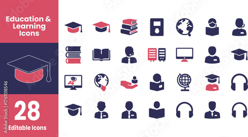 Collection of education and learning icons including graduation caps books computer globe and people silhouettes isolated on transparent background