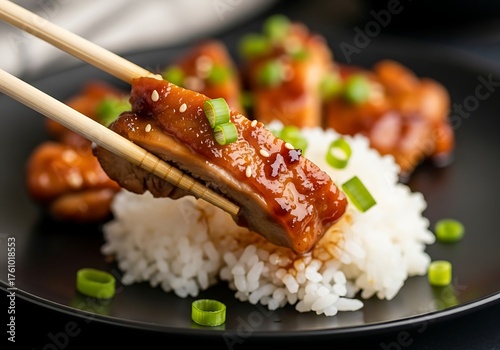 Savory teriyaki chicken glistens atop fluffy rice, held by chopsticks in a close-up shot