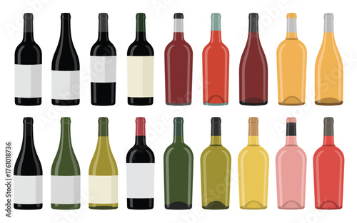 Collection of assorted wine bottles in various colors and shapes on a white background