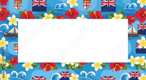 Tropical Fijian pattern border with national flag, hibiscus, plumeria flowers, and sailboats on a blue wavy background.