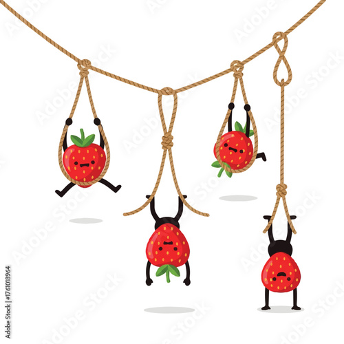 Four cute cartoon strawberries with faces and limbs hanging and climbing on a rope with various knots.