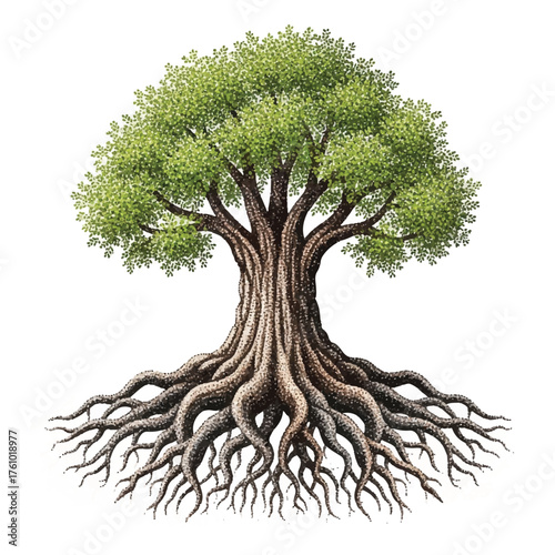 A detailed illustration of a large, ancient tree with a lush green canopy and sprawling, intricate roots on a white background.