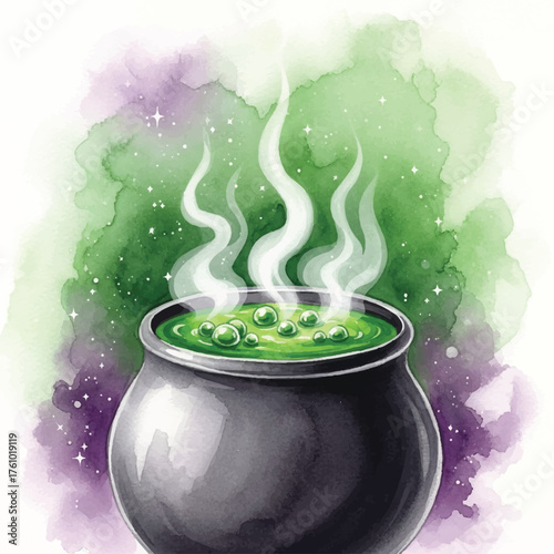 A witch's black cauldron with a bubbling green potion and magical steam against a purple and green watercolor background.