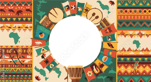 African cultural heritage frame with traditional patterns, drums, and flags.