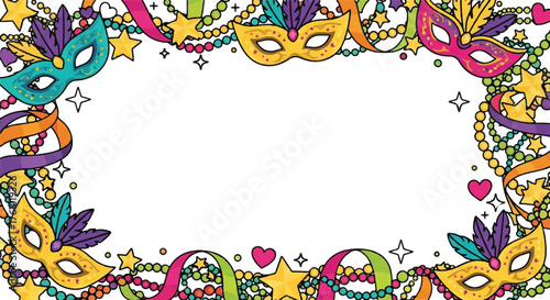 A festive Mardi Gras carnival frame with colorful masks, beads, stars, and ribbons on a white background.