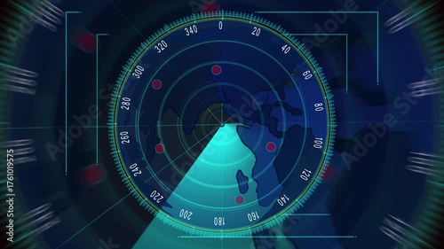 Digital radar close-up featuring Earth globe and multiple target markers on tech background. Close-up of Radar Screen Displaying Earth and Target Markers globe.
