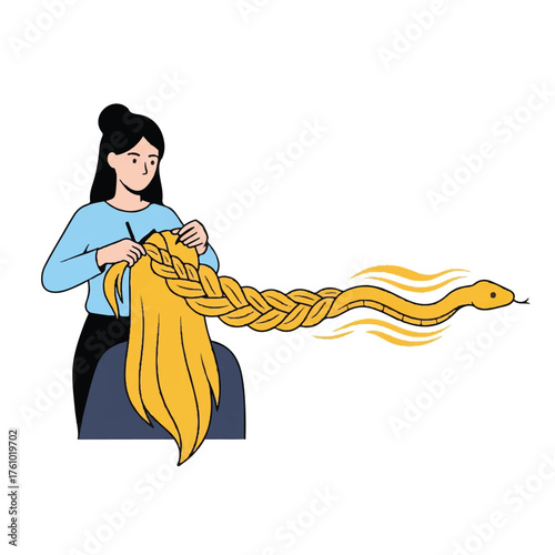 A surreal illustration of a woman braiding long blonde hair that transforms into a yellow snake.