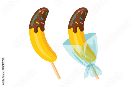 Two delicious chocolate dipped frozen bananas on sticks one wrapped in cellophane