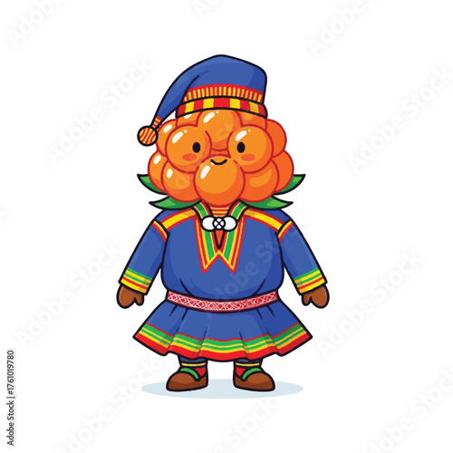 A cute cartoon character with a cloudberry for a head, dressed in traditional Sámi clothing.